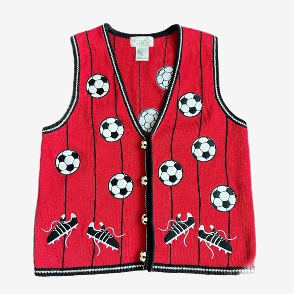 Vintage Mandal Bay Soccer Mom Novelty Button Red V-Neck Knit Sweater Vest Large - Picture 2 of 15